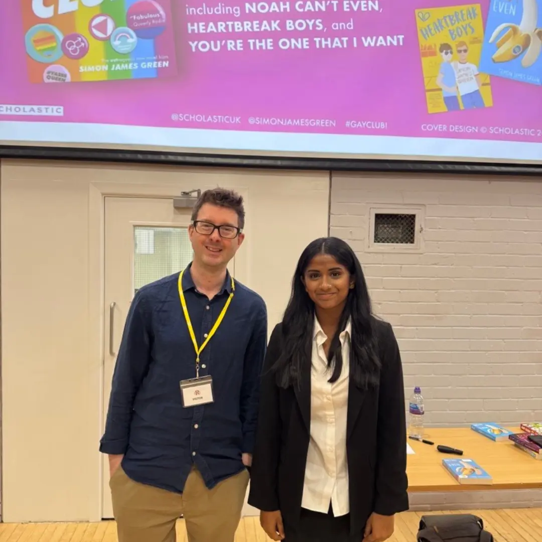 Year 13 student Yarl with author Simon James Green at Radnor House Sevenoaks in Kent